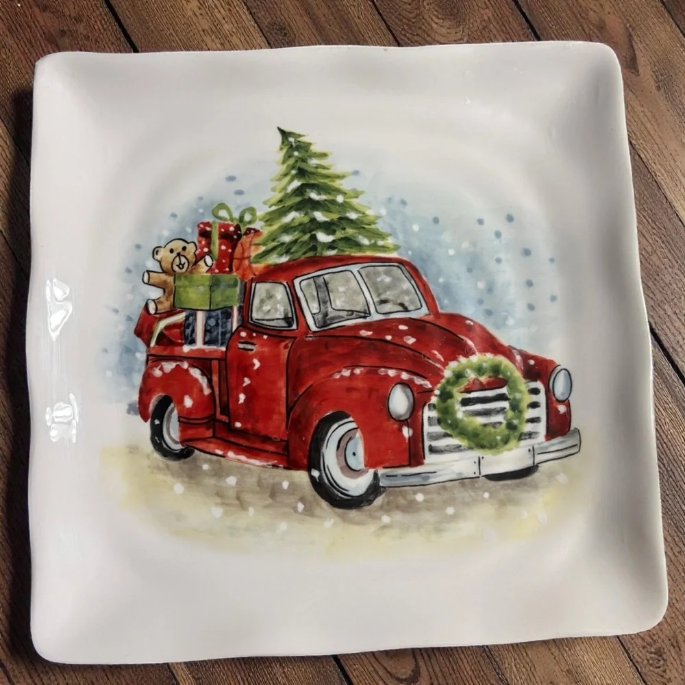 Maxcera Christmas Plates with a Red Truck and Tree Design-Set of 4